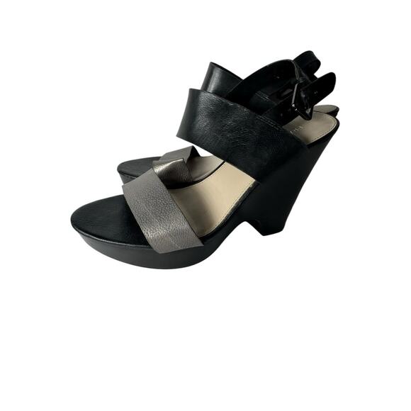 Franco Sarto Georgette Sandals Wedge Heel Open Toe Black Leather Womens US 7.5M - Picture 2 of 9